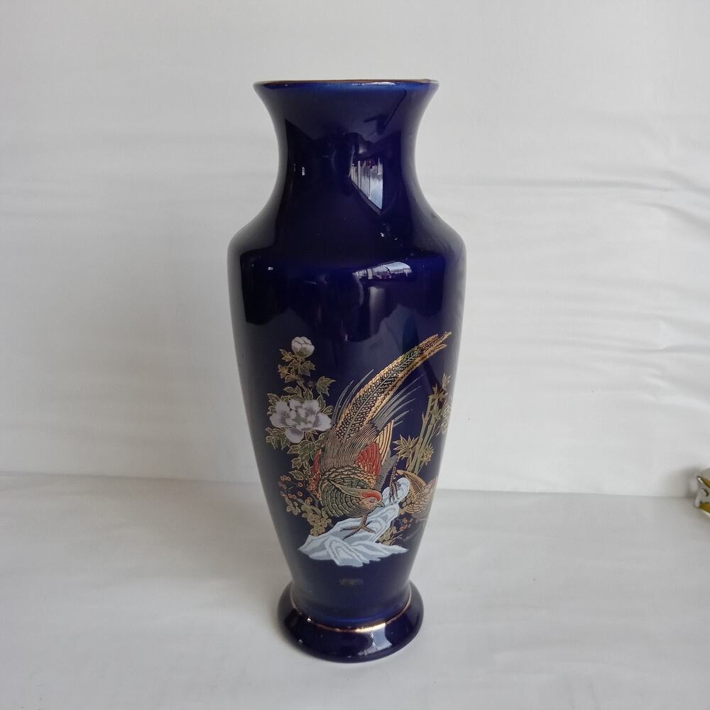 blue glass vase Hand Painted Birds